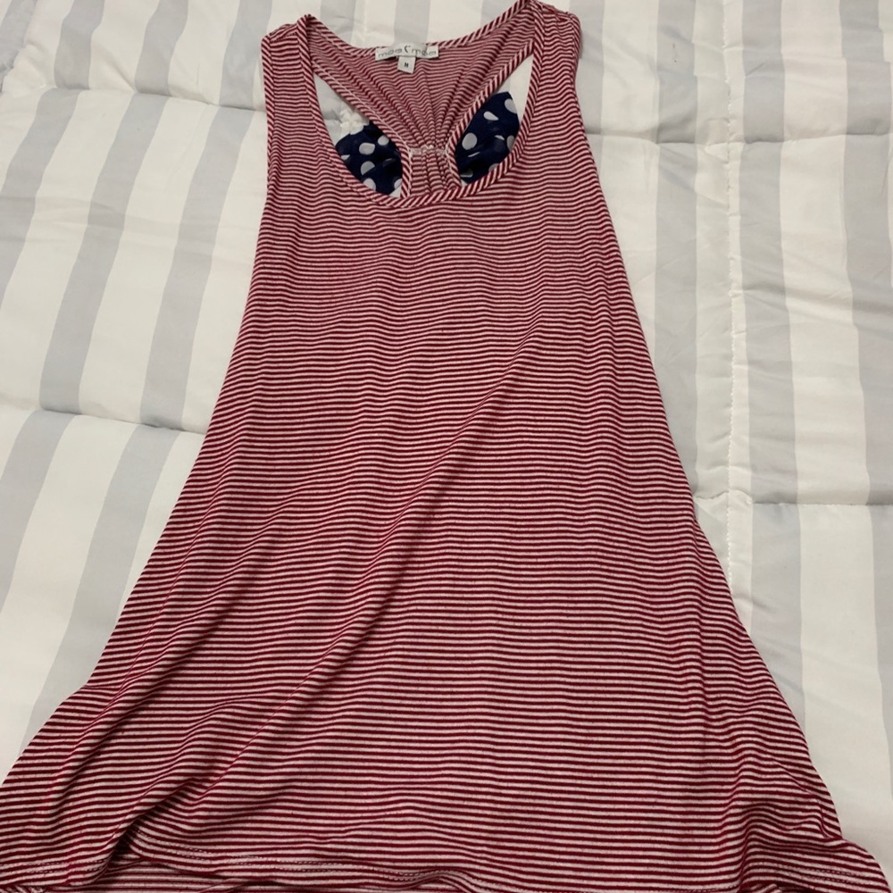 Cute red/white tank with blue polka dot bow
